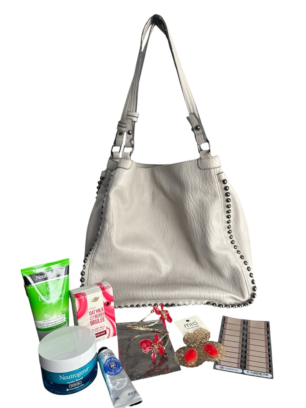 Steve Madden White Studded Shoulder Tote Bag stuffed - Picture 1 of 12